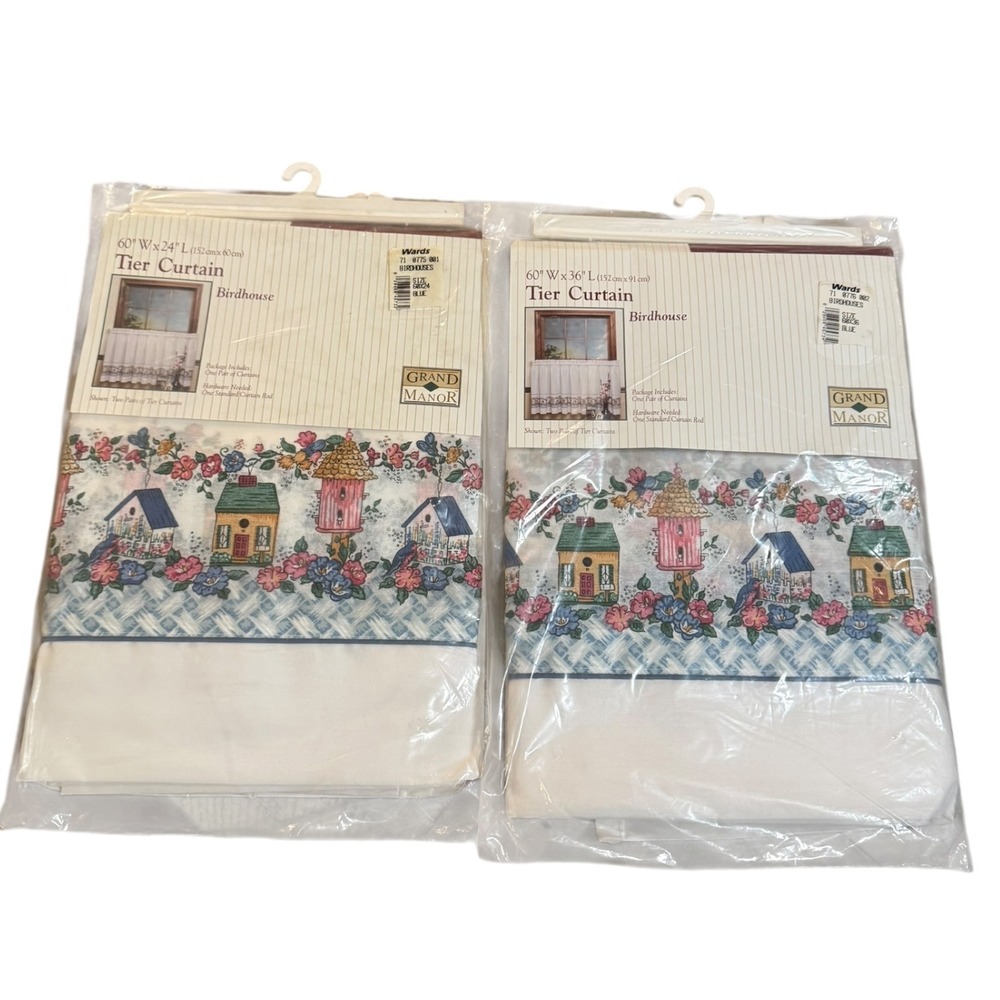 VTG NWT Grand Manor Birdhouse Tier Curtains 60x24 60x36 Country Cafe Blue White
